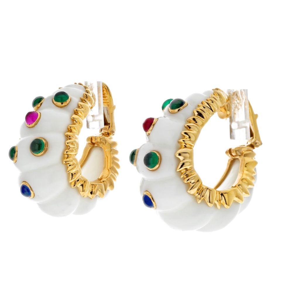 David Webb Cabochon Round Cut Ruby, Emerald And Sapphire Earrings - The Back Vault