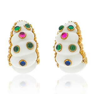 David Webb Cabochon Round Cut Ruby, Emerald And Sapphire Earrings