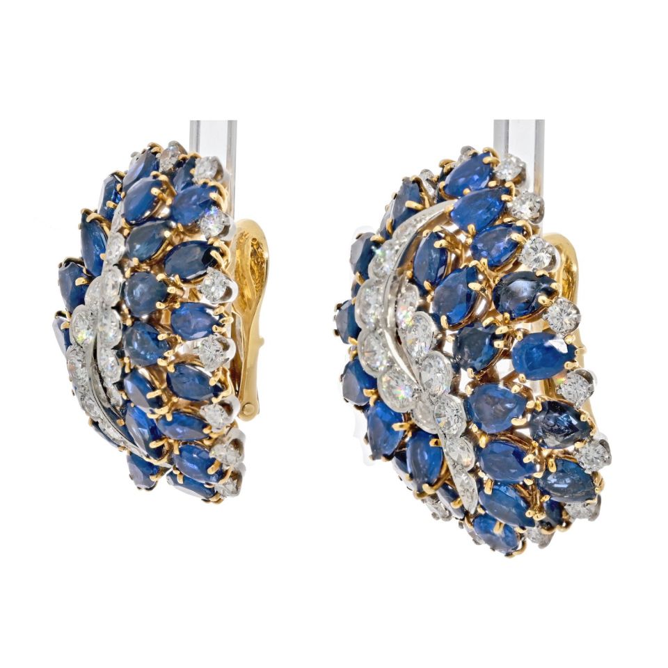 David Webb Platinum & 18K Yellow Gold Sapphire And Diamond Clip On Earrings - The Back Vault