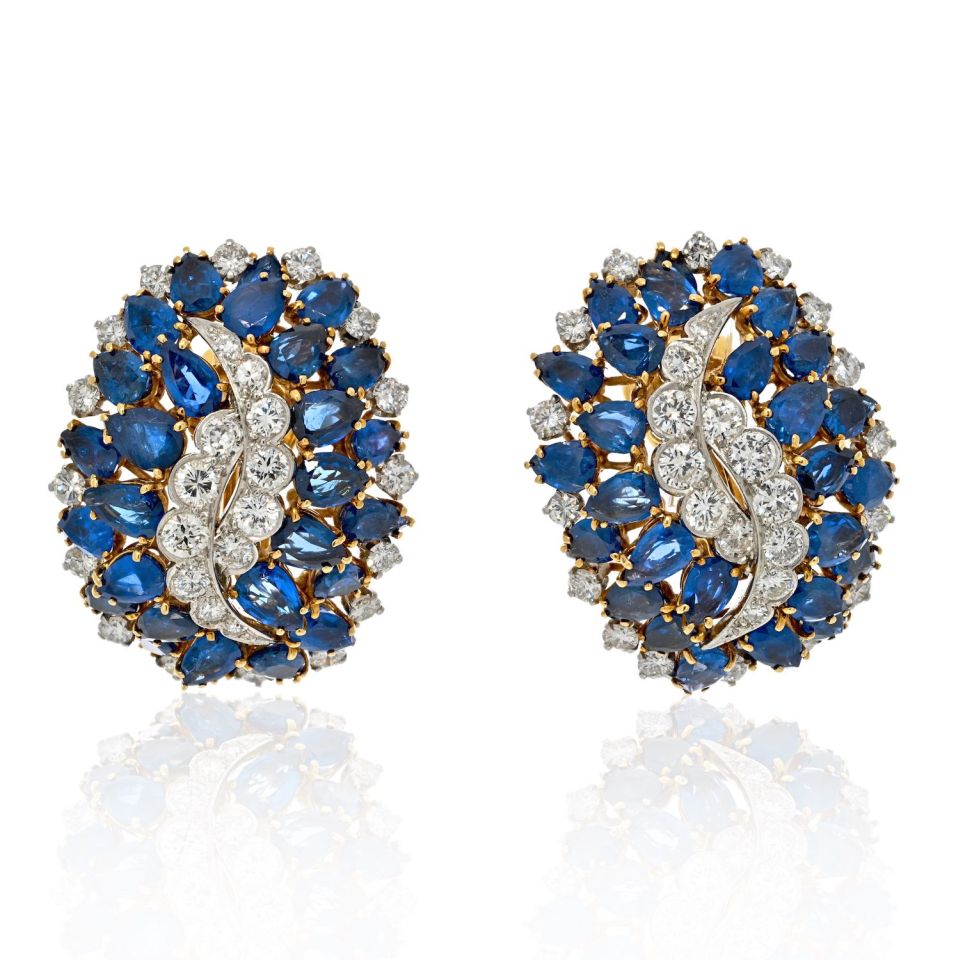 David Webb Platinum & 18K Yellow Gold Sapphire And Diamond Clip On Earrings - The Back Vault