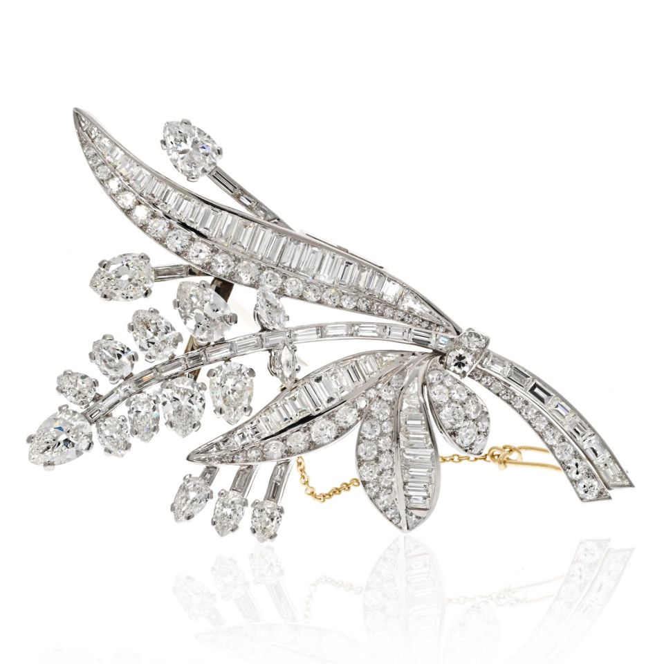 Platinum 17.00cttw Diamond Foliage Style Vintage Brooch - The Back Vault