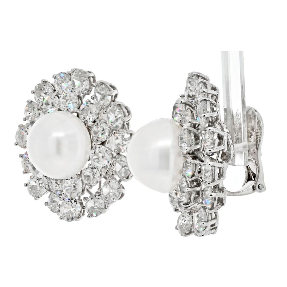 David Webb Platinum Old Cut And Old European Cluster Pearl Clip On Earrings - The Back Vault