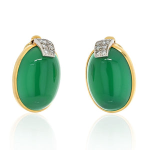 David Webb 18K Yellow Gold Oval Cabochon Green Chrysophase And Diamond Clip Earrings