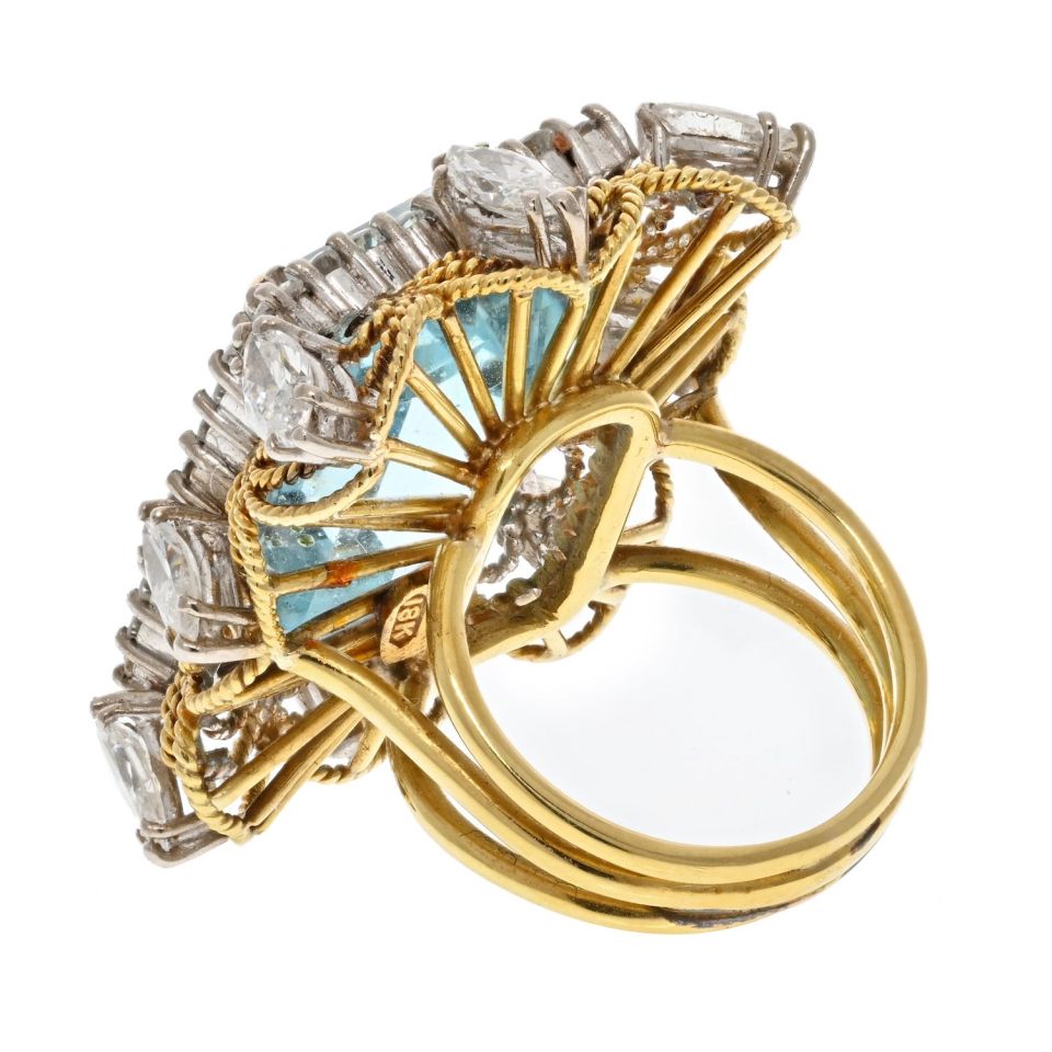 18K Yellow Gold Emerald Cut Aquamarine And Diamond Halo Ring - The Back Vault