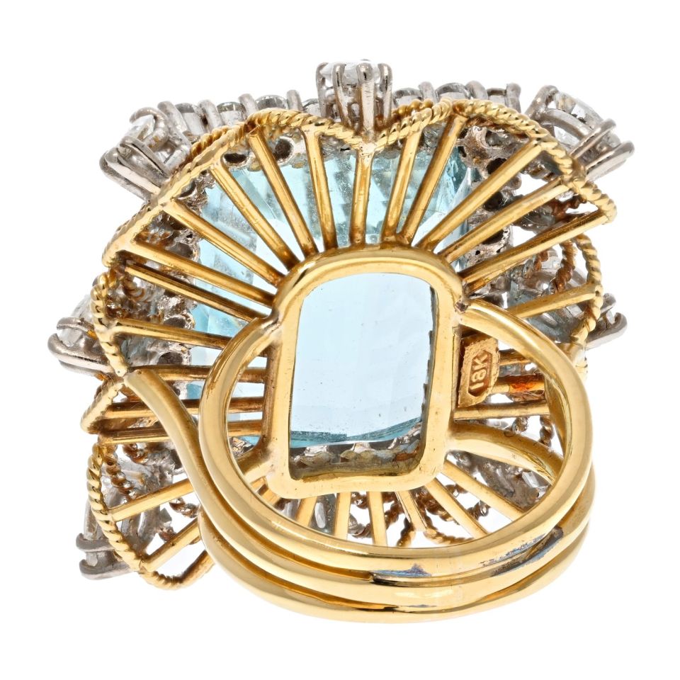 18K Yellow Gold Emerald Cut Aquamarine And Diamond Halo Ring - The Back Vault