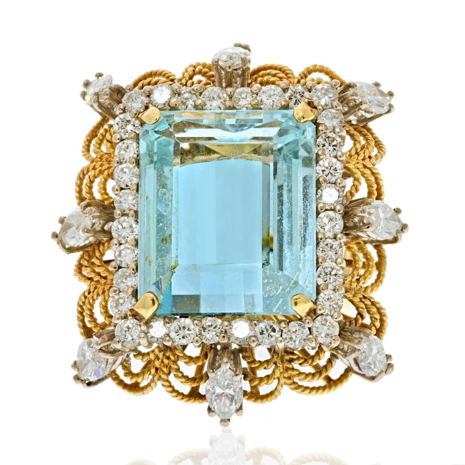 18K Yellow Gold Emerald Cut Aquamarine And Diamond Halo Ring - The Back Vault