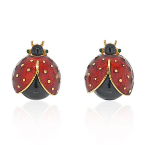 David Webb 18K Yellow Gold Red And Black Enamel Lady Bug Clip On Earrings