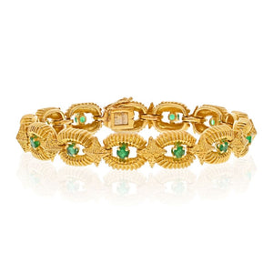 Tiffany & Co. 18K Yellow Gold Estate Woven Open Link Round Emerald Bracelet