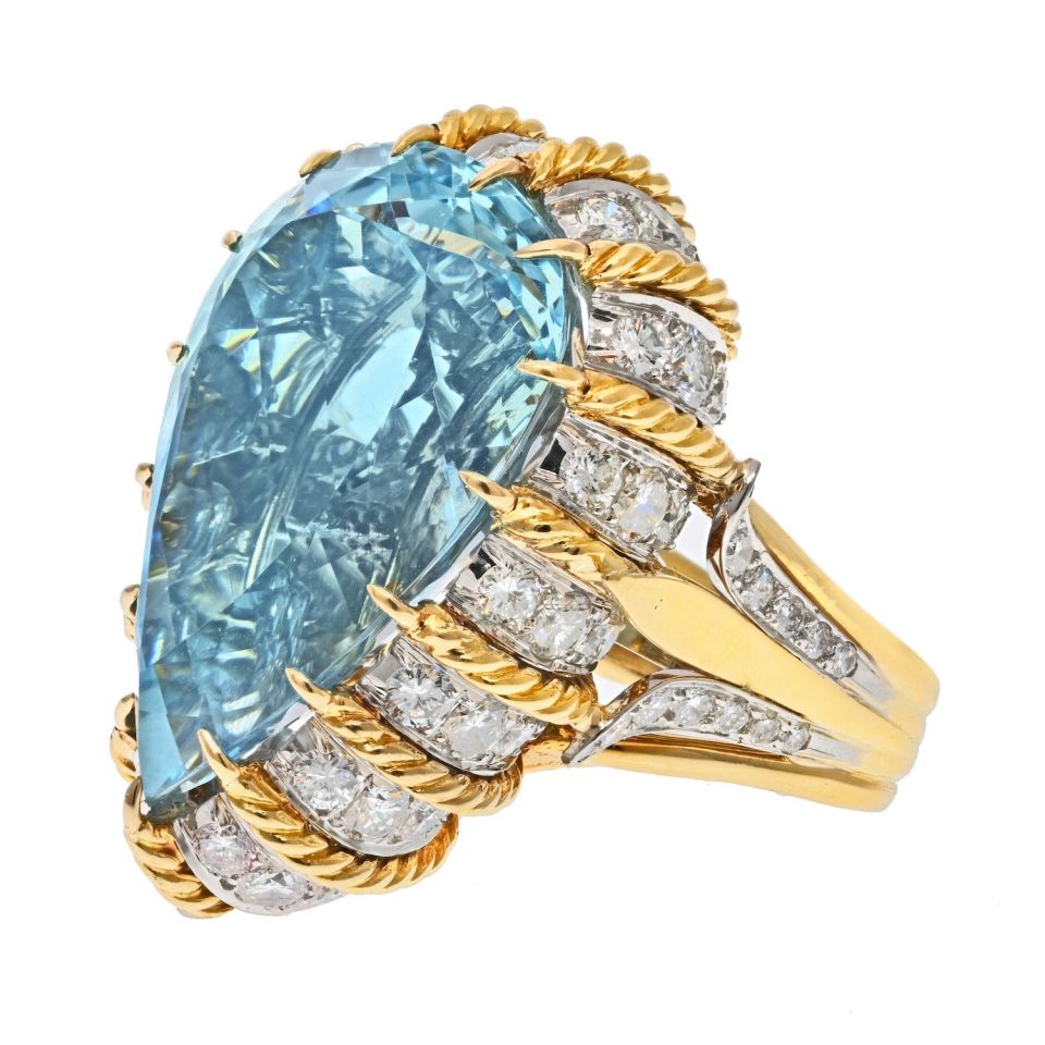 18K Yellow Gold 45 Carat Aquamarine And Diamond Ring - The Back Vault