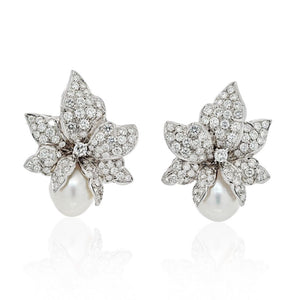 18K White Gold Diamond And Pearl Flower Cluster Earrings