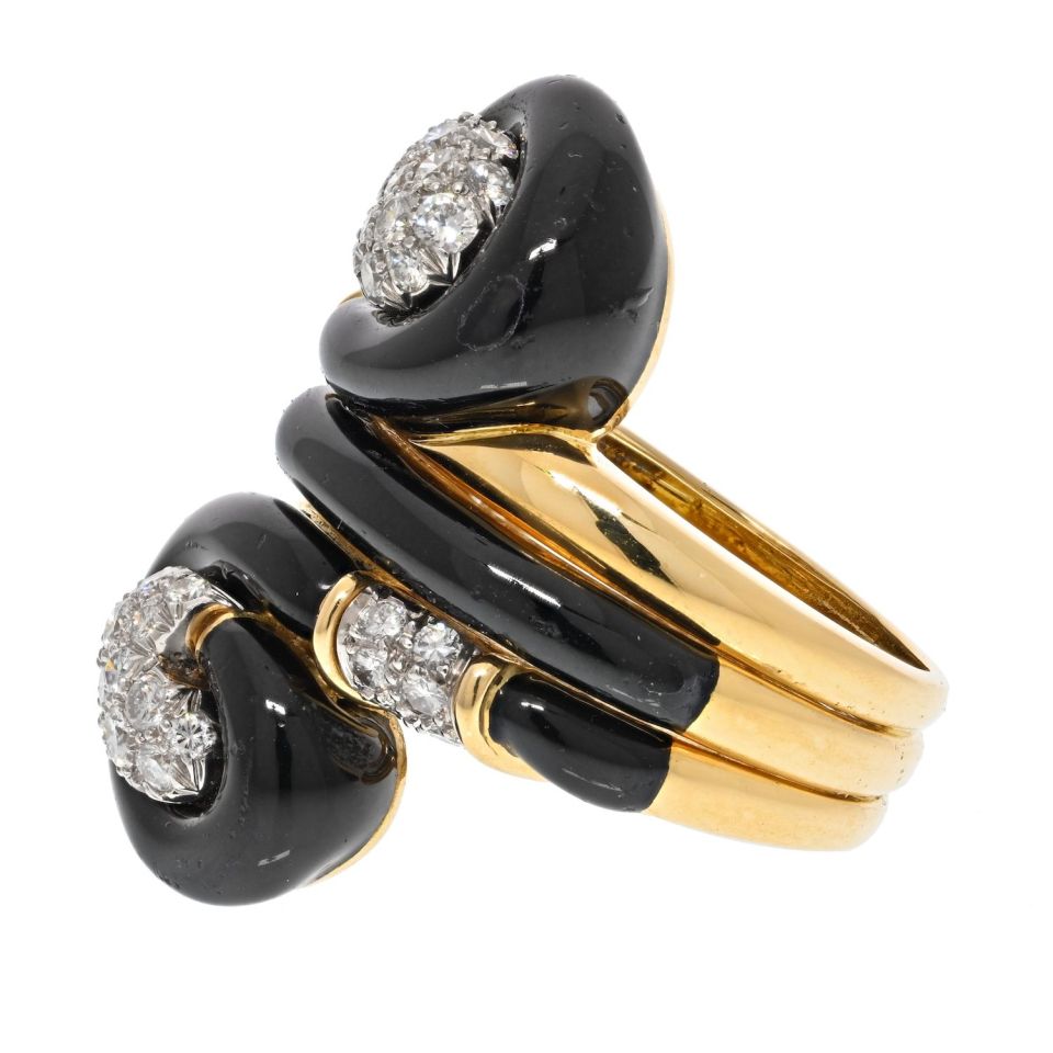 David Webb Platinum & 18K Yellow Gold Black Enamel Swirl Design Pave Diamond Ring - The Back Vault