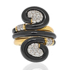 David Webb Platinum & 18K Yellow Gold Black Enamel Swirl Design Pave Diamond Ring - The Back Vault