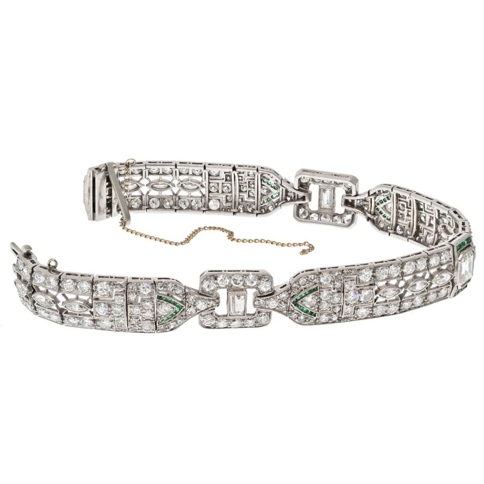 Oscar Heyman Platinum Circa 1925 Diamond And Calibre Cut Green Emerald Bracelet - The Back Vault