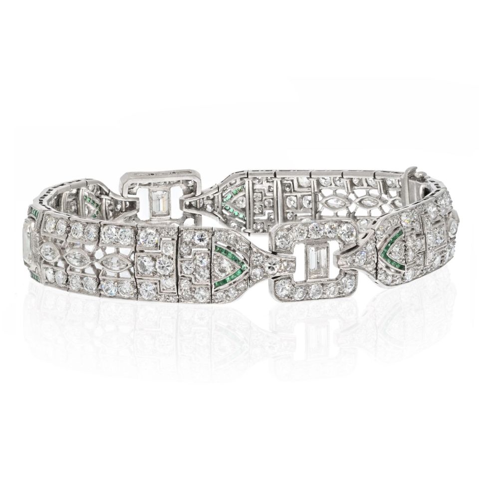 Oscar Heyman Platinum Circa 1925 Diamond And Calibre Cut Green Emerald Bracelet - The Back Vault