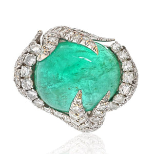 David Webb Platinum Cabochon Cut Green Emerald And Diamond Ring