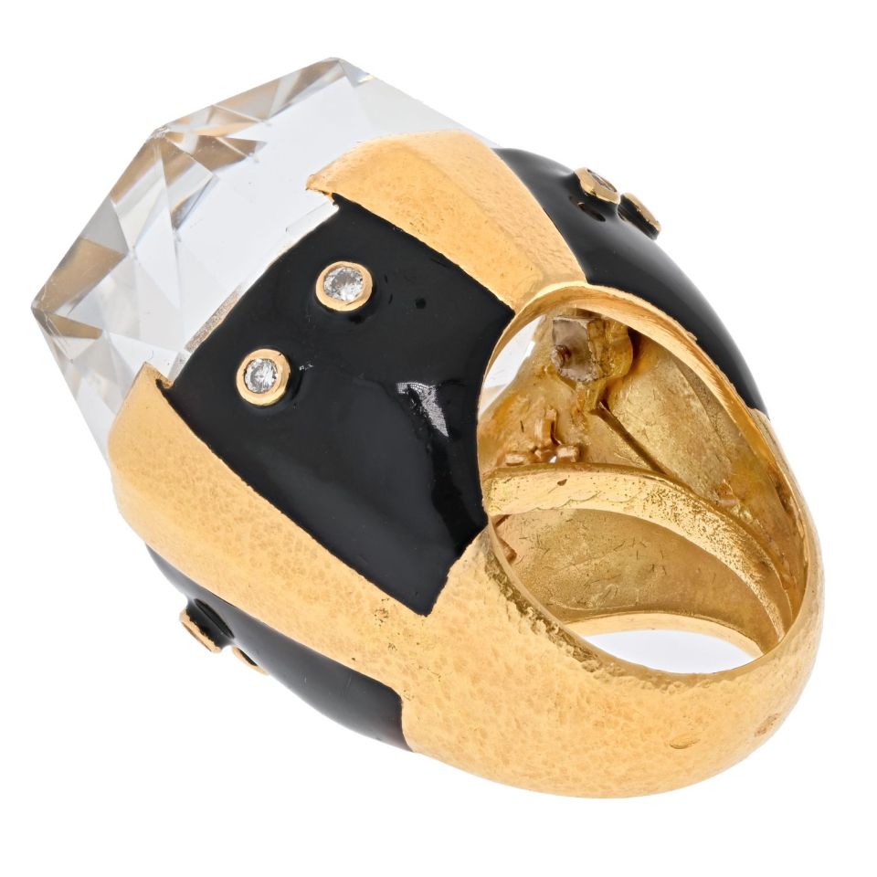 David Webb Platinum & 18K Yellow Gold Rock Crystal Black Enamel Diamond Ring - The Back Vault