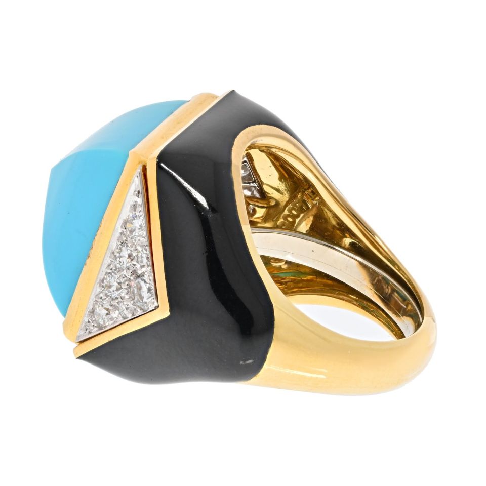 David Webb Platinum & 18K Yellow Gold Summit Turquoise And Diamond Ring - The Back Vault