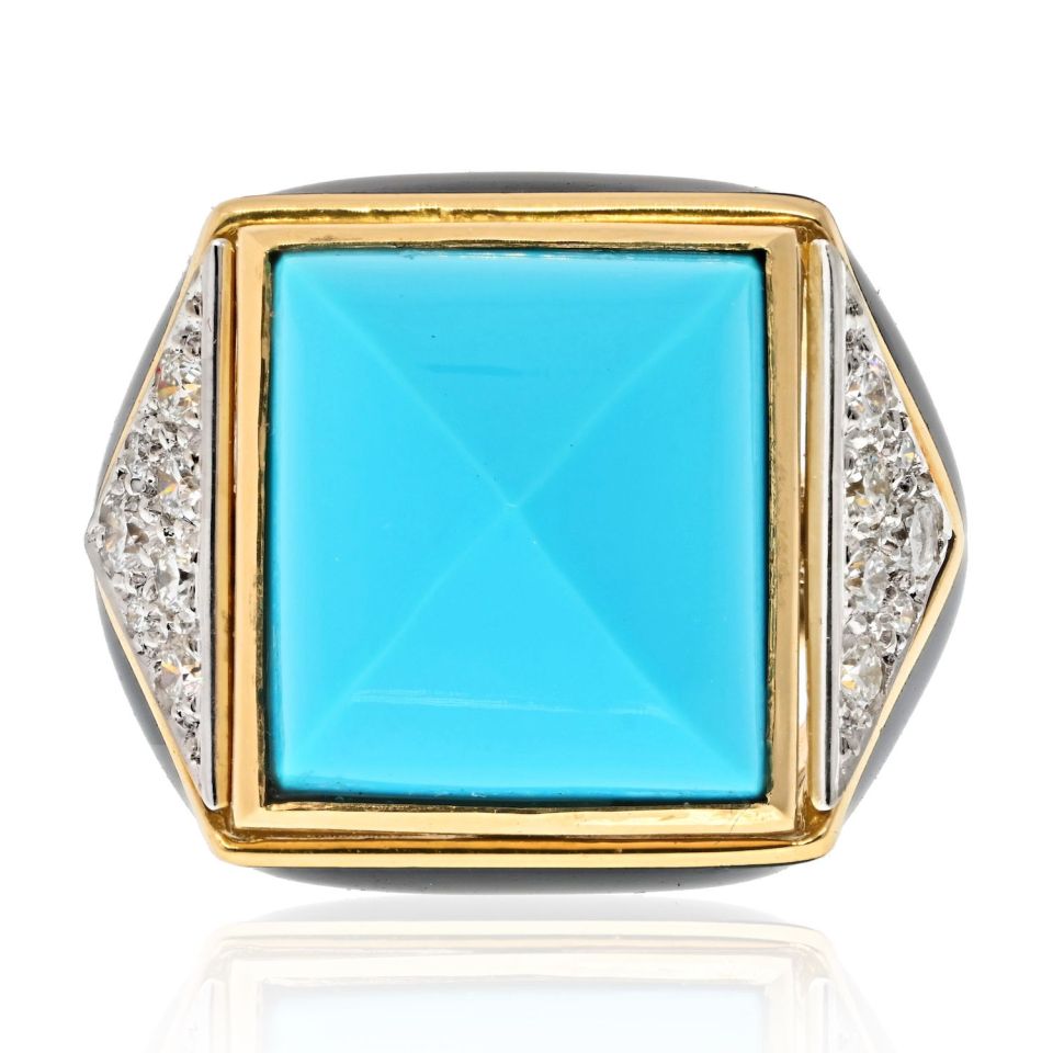 David Webb Platinum & 18K Yellow Gold Summit Turquoise And Diamond Ring - The Back Vault