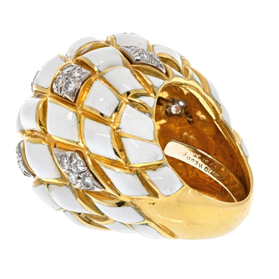 David Webb Platinum & 18K Yellow Gold White Enamel Dome Ring - The Back Vault