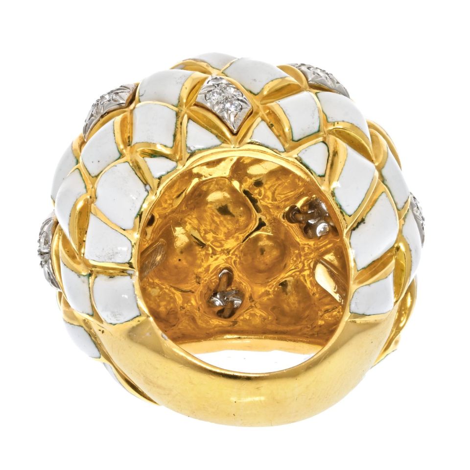 David Webb Platinum & 18K Yellow Gold White Enamel Dome Ring - The Back Vault