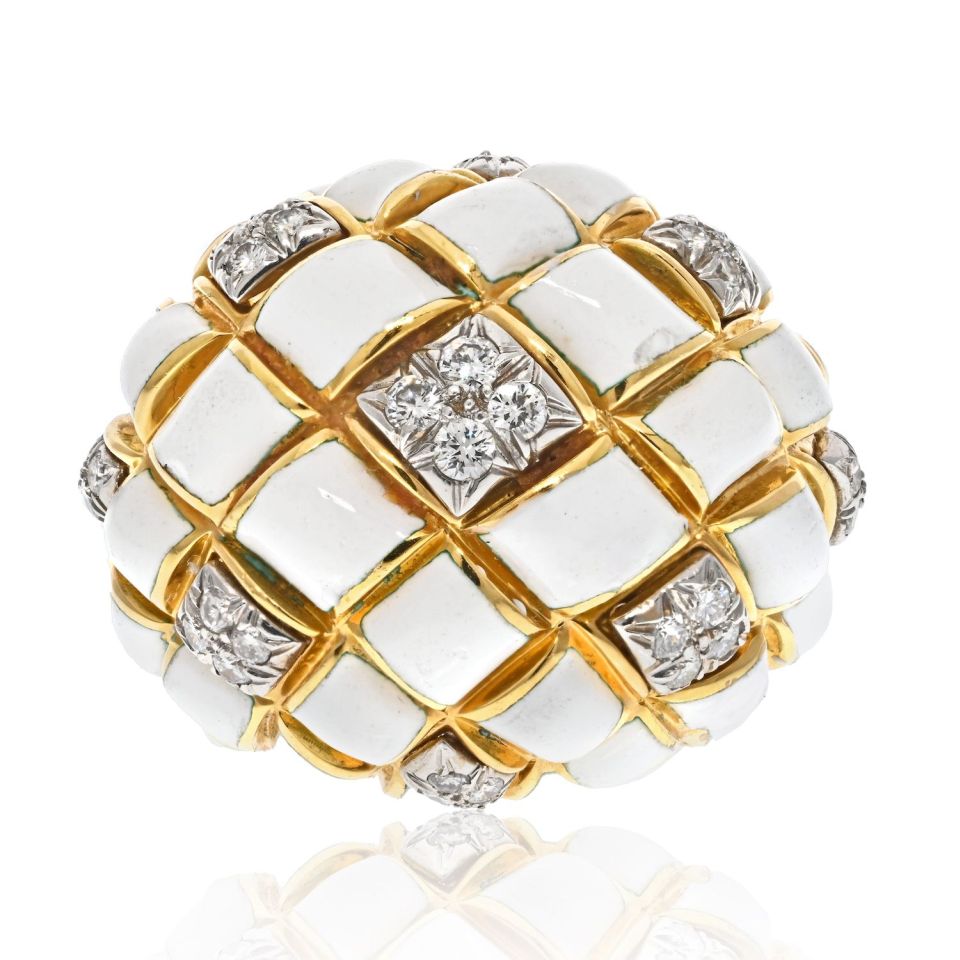 David Webb Platinum & 18K Yellow Gold White Enamel Dome Ring - The Back Vault