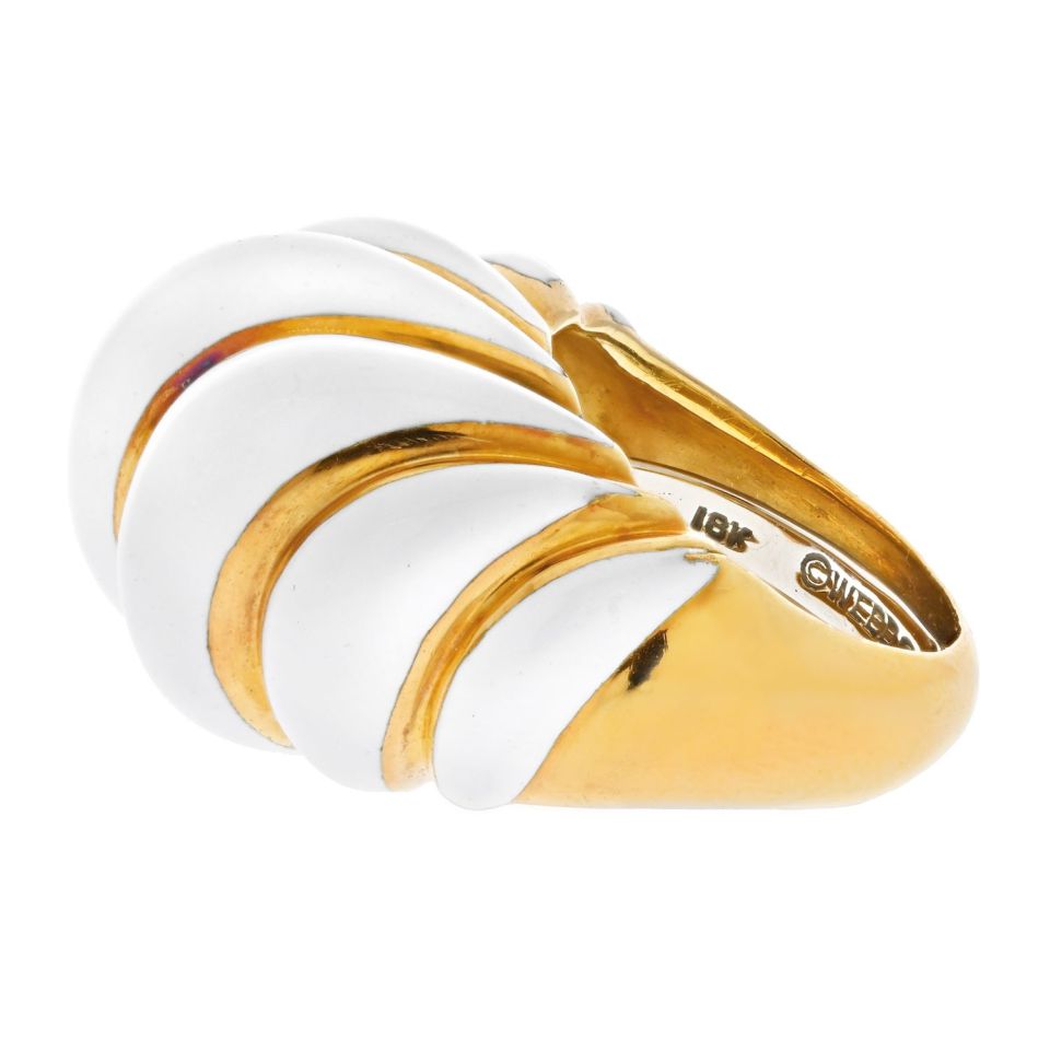 David Webb Platinum & 18K Yellow Gold White Enamel Fluted Shrimp Cocktail Ring - The Back Vault