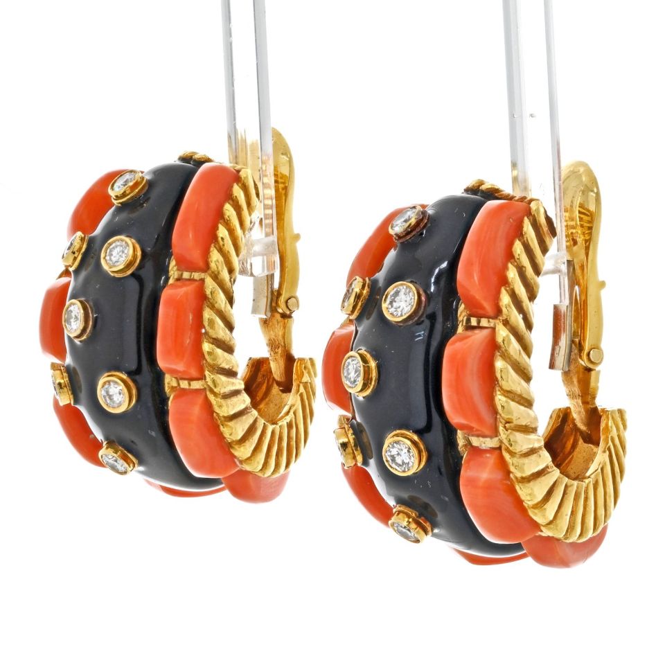 David Webb Platinum & 18K Coral, Black Enamel And Diamond Earrings - The Back Vault