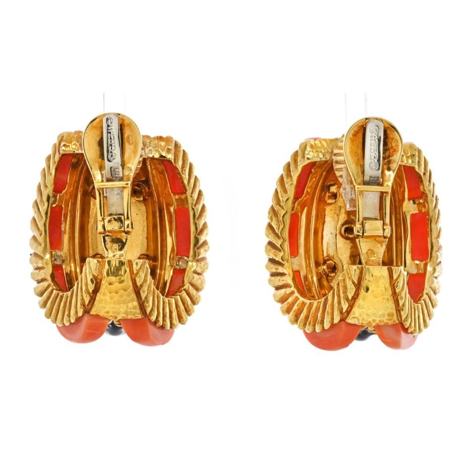 David Webb Platinum & 18K Coral, Black Enamel And Diamond Earrings - The Back Vault