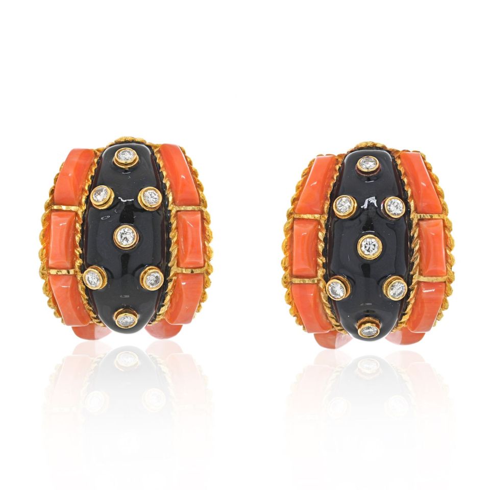 David Webb Platinum & 18K Coral, Black Enamel And Diamond Earrings - The Back Vault