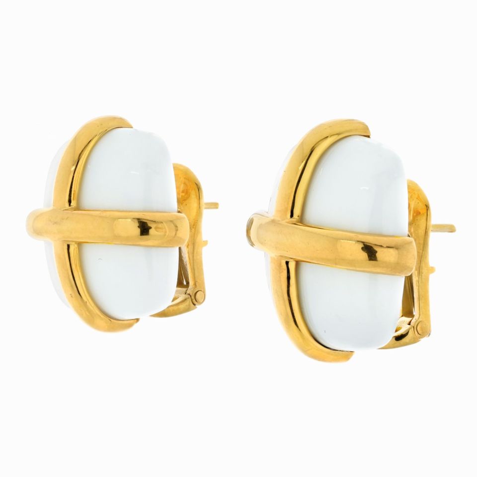 David Webb Platinum & 18K Yellow Gold White Jasper Earrings - The Back Vault