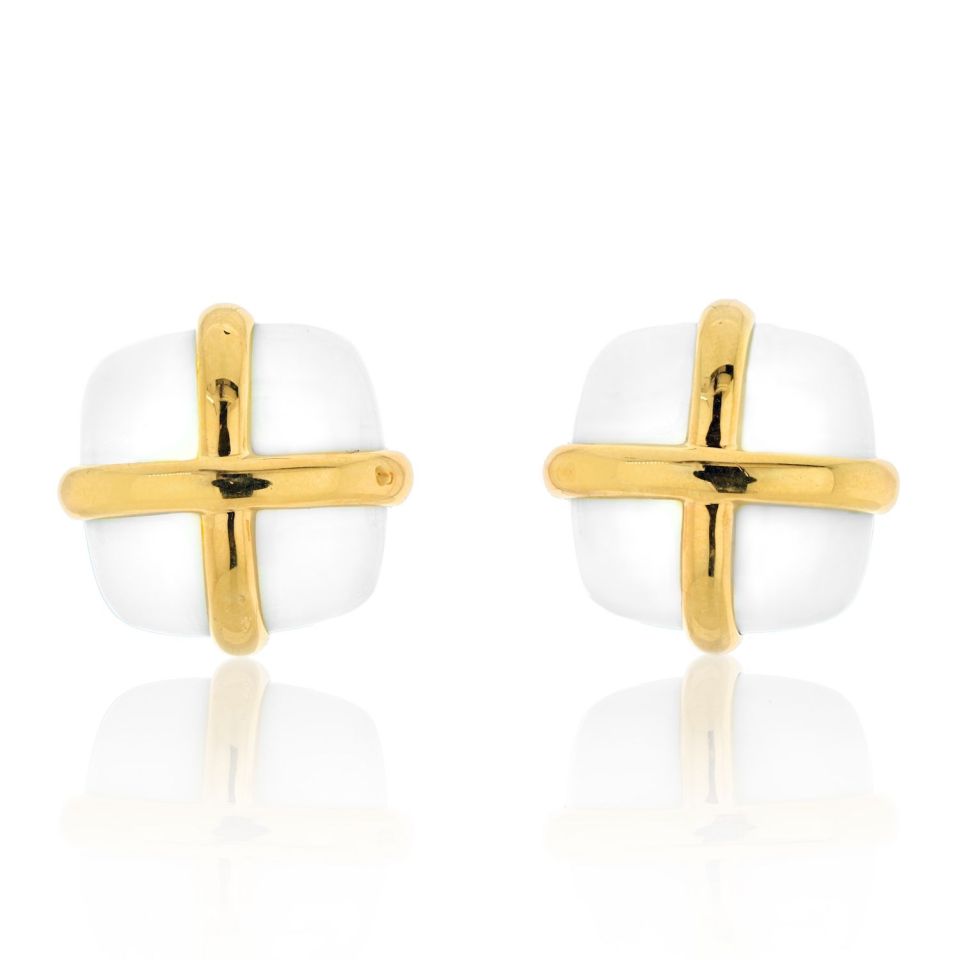 David Webb Platinum & 18K Yellow Gold White Jasper Earrings - The Back Vault