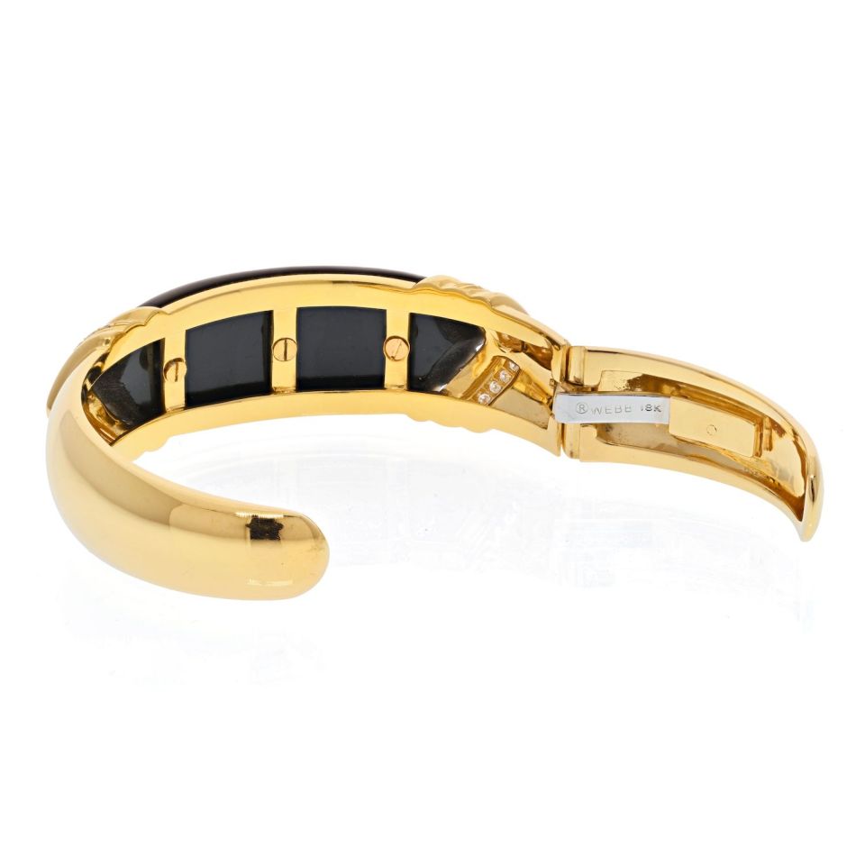 David Webb Platinum & 18K Yellow Gold Carved Onyx And Diamond Hinged Cuff Bracelet - The Back Vault