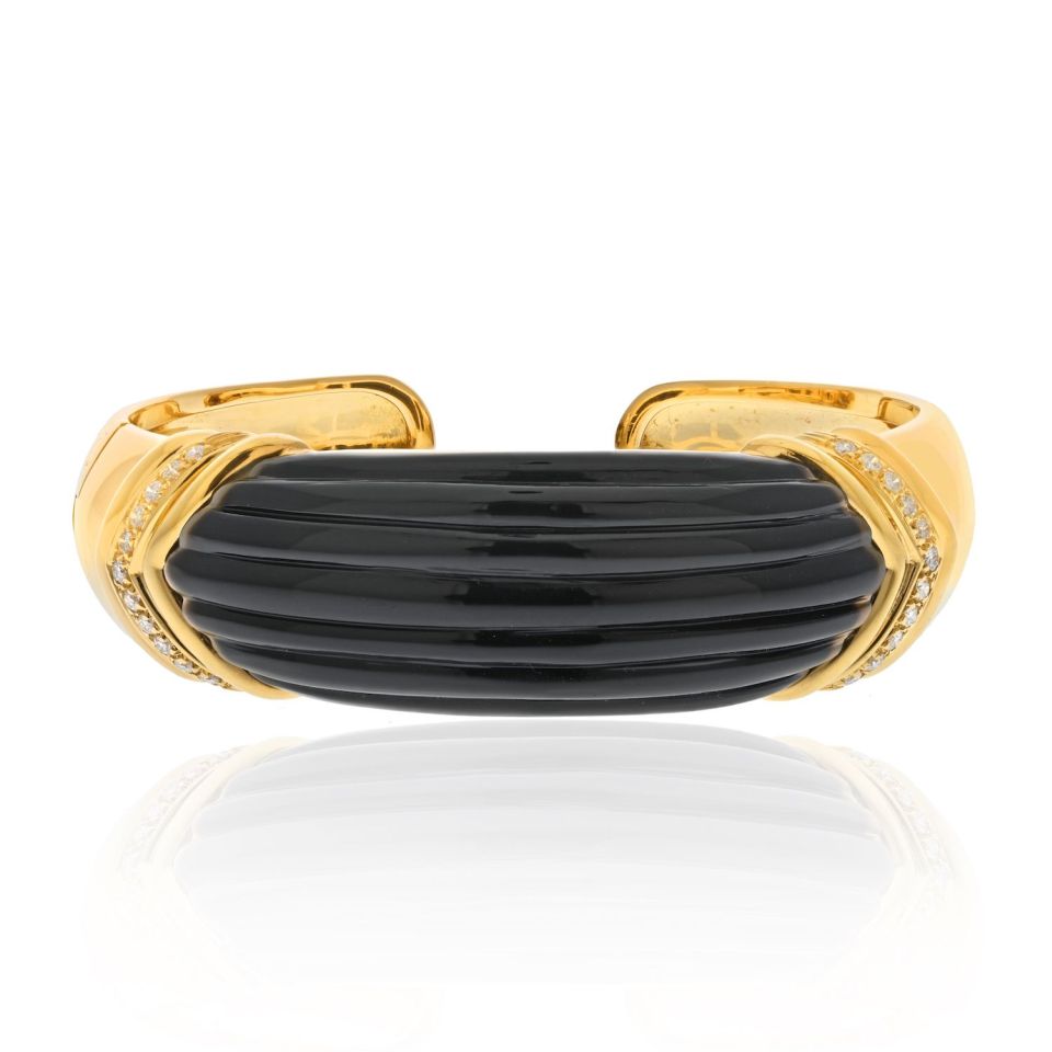 David Webb Platinum & 18K Yellow Gold Carved Onyx And Diamond Hinged Cuff Bracelet - The Back Vault