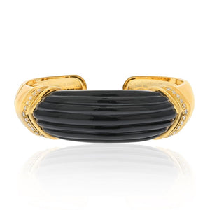 David Webb Platinum & 18K Yellow Gold Carved Onyx And Diamond Hinged Cuff Bracelet