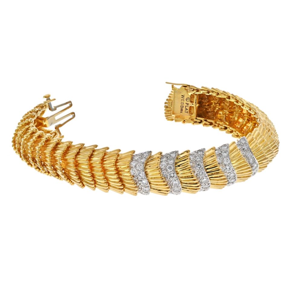 David Webb Platinum & 18K Yellow Gold Scalloped Diamond Bracelet - The Back Vault