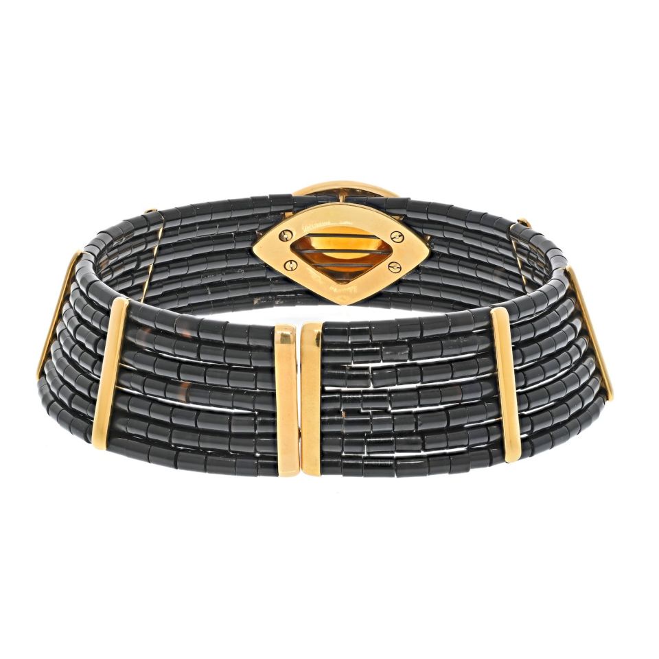 18K Yellow Gold Estate Black Onyx Citrine And Diamond Choker Necklace - The Back Vault