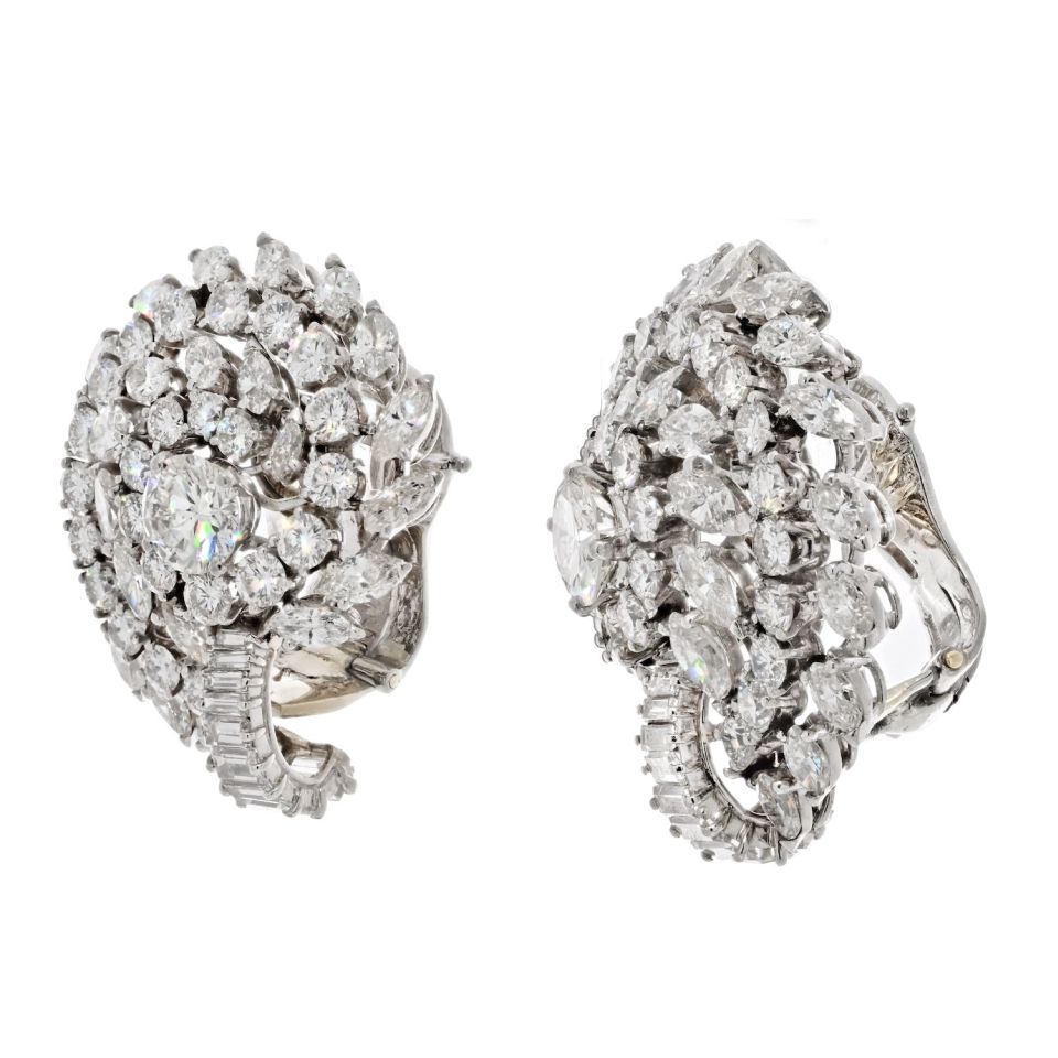 Platinum 16.00cttw Cluster Diamond Clip Earrings - The Back Vault