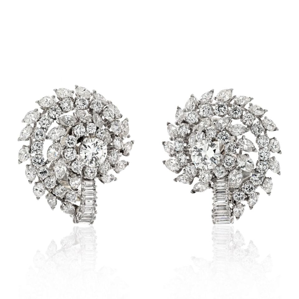 Platinum 16.00cttw Cluster Diamond Clip Earrings - The Back Vault