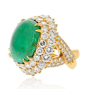 David Webb 18K Yellow Gold Cabochon Emerald Diamond Ring