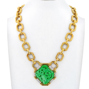 David Webb 18K Yellow Gold Carved Jade Link Chain Necklace