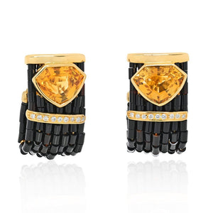 18K Yellow Gold Black Enamel Citrine Diamond Earrings