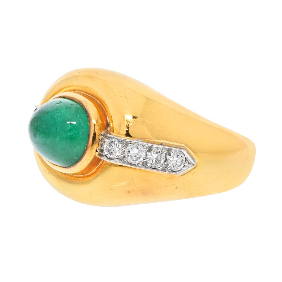 David Webb 18K Yellow Gold Cabochon Emerald Diamond Ring - The Back Vault