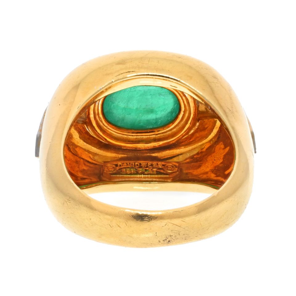 David Webb 18K Yellow Gold Cabochon Emerald Diamond Ring - The Back Vault