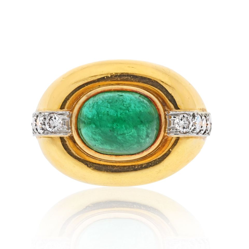 David Webb 18K Yellow Gold Cabochon Emerald Diamond Ring - The Back Vault