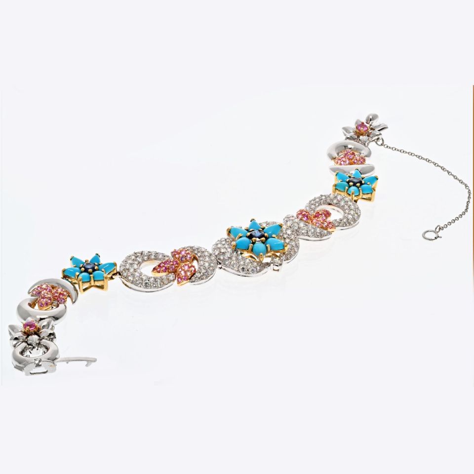 18K Two Tone Turquoise Diamond Flower Moon Bracelet - The Back Vault