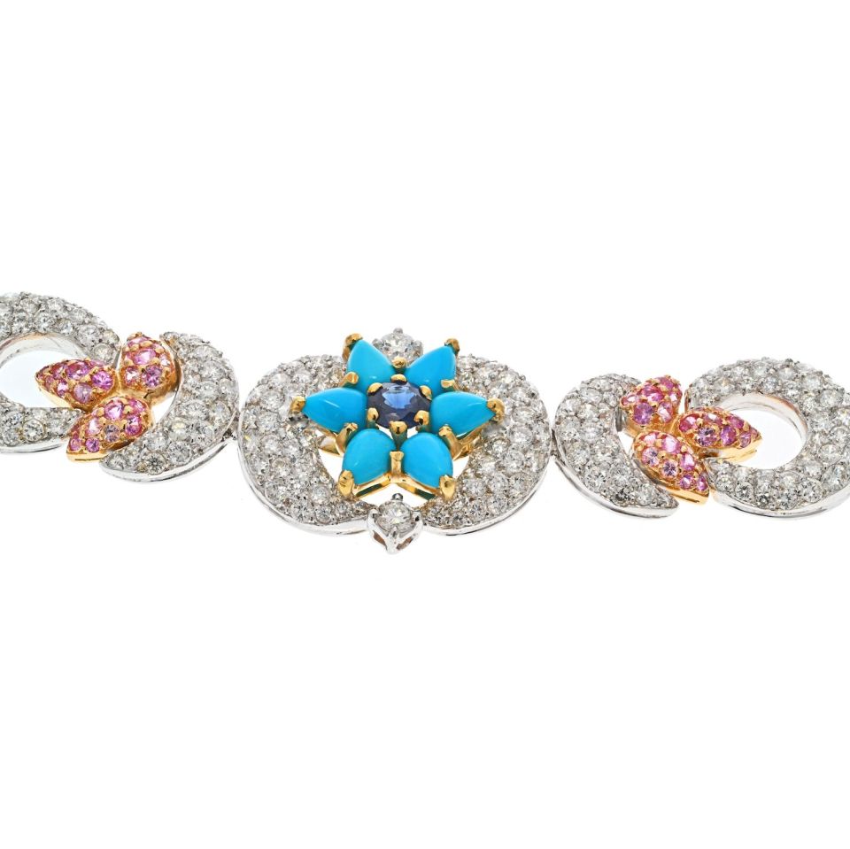 18K Two Tone Turquoise Diamond Flower Moon Bracelet - The Back Vault