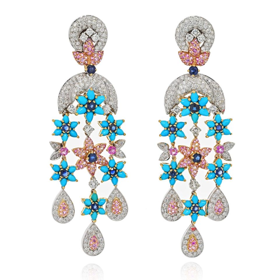 18K Two Tone Turquoise Diamond Flower Motif Earrings - The Back Vault