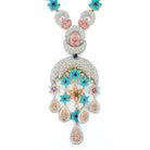 18K Two Tone Turquoise, Diamond Flower Motif Moon Necklace - The Back Vault