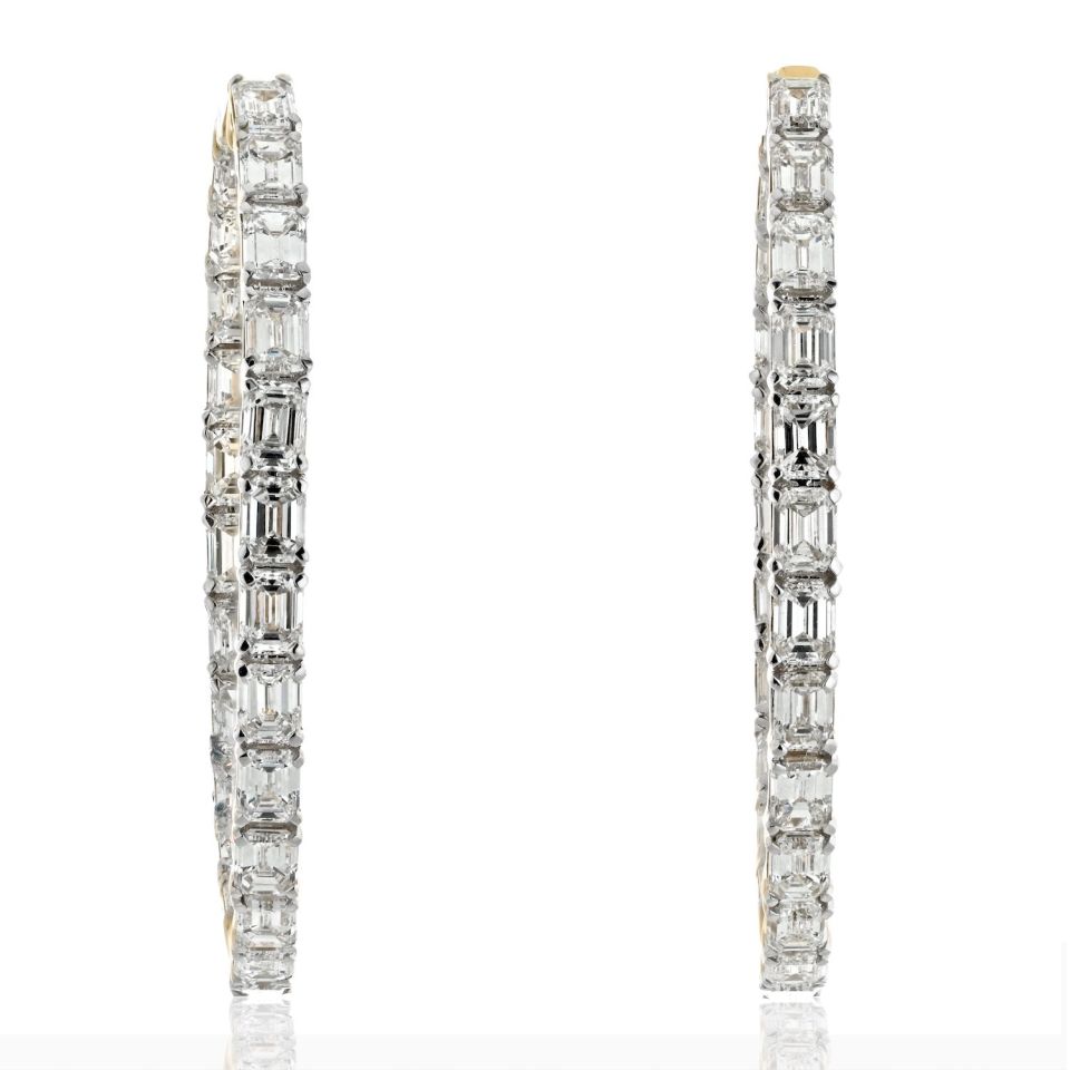 14K White Gold 7.50cttw 4cm Emerald Cut Diamond Inside Out Hoop Earrings - The Back Vault