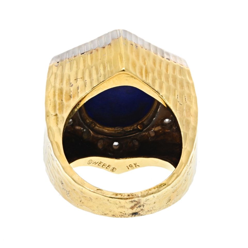 David Webb Platinum & 18K Yellow Gold Hammered Finish, Carved Lapis And Diamond Frame Ring - The Back Vault